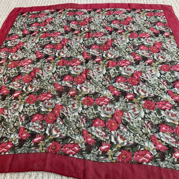 Alcott & Andrews sheer silky crepe scarf red & sage floral square cottagecore - Picture 5 of 7